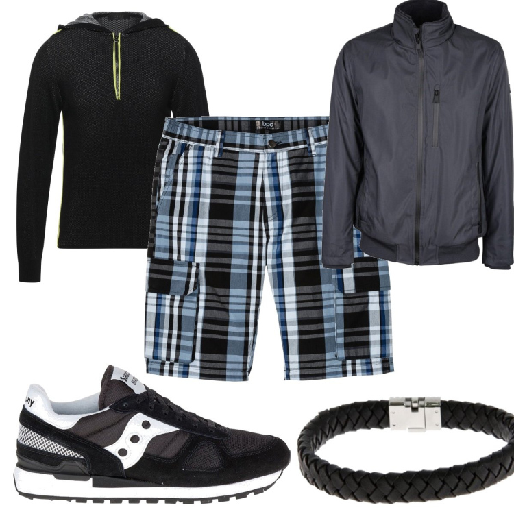 Outfit uomo - A passeggio. Stile Trendy per Tutti i giorni. Abbinamento con bermuda, pullovers, giacche, sneakers, braccialetti.
