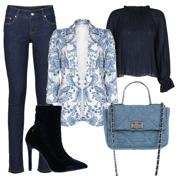 Outfit donna - Total blu. Stile Glamour per Serata fuori. Abbinamento con jeans skinny, stivaletti, borse a mano, bluse, blazer.