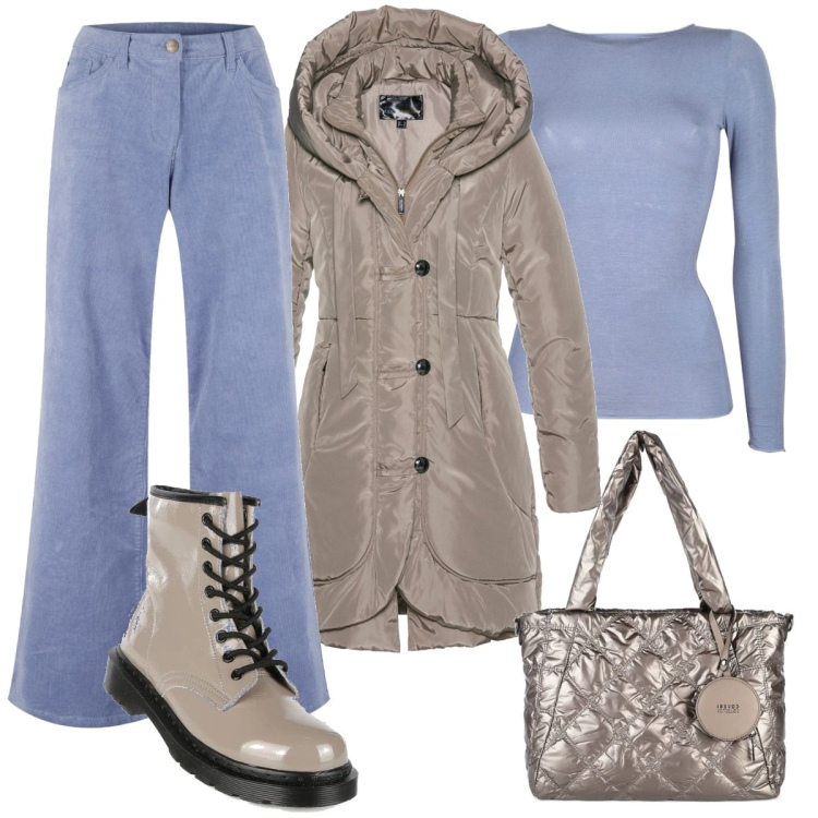 Outfit donna - Look pervinca. Stile Basic per Tutti i giorni. Abbinamento con blazer, pantaloni, borse a spalla, maglieria, anfibi.