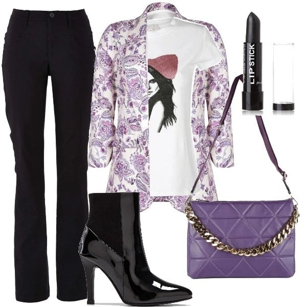 Outfit donna - Black lipstick. Stile Glamour per Serata fuori. Abbinamento con pantaloni, stivaletti, blazer, pochette, t-shirt, rossetti.