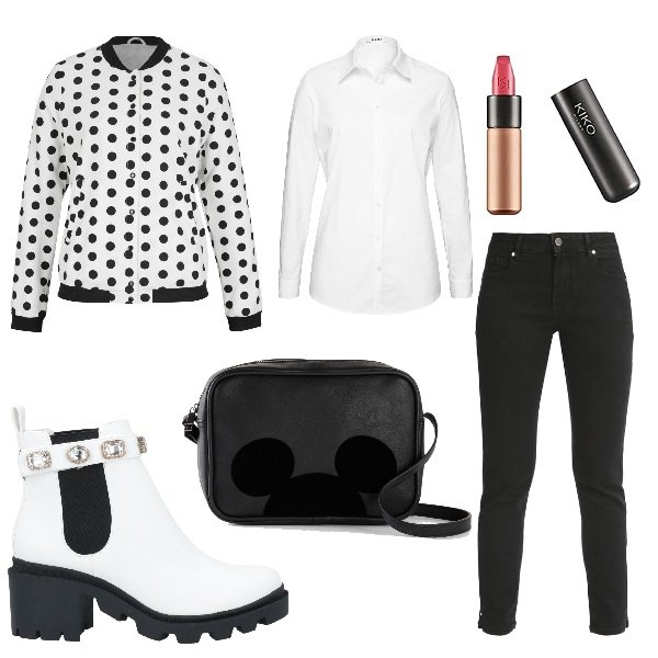 Outfit donna - Bomber black and white. Stile Casual per Tutti i giorni. Abbinamento con camicie, bomber, borse a tracolla, stivaletti, jeans, rossetti.
