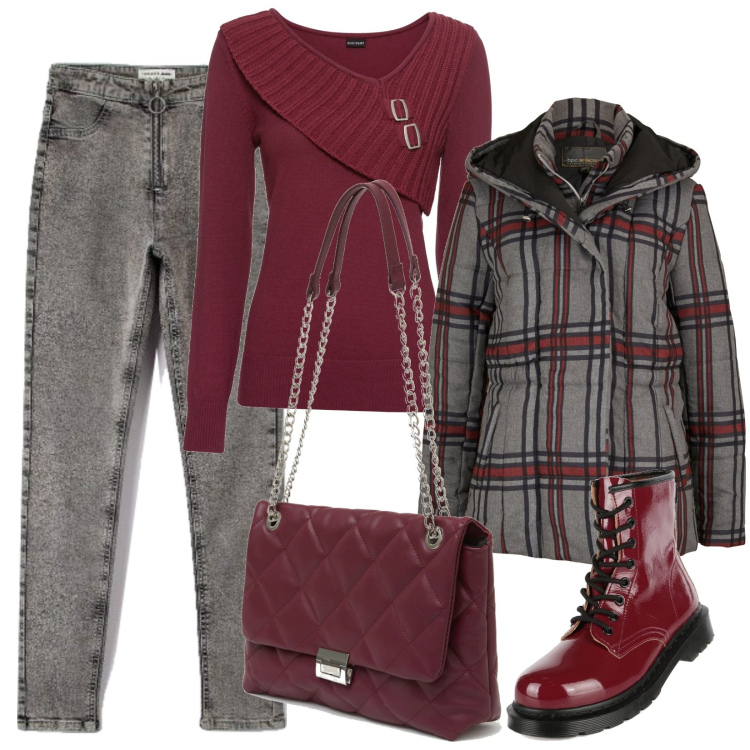 Outfit donna - Grigio e bordeaux. Stile Trendy per Tutti i giorni. Abbinamento con maglieria, giacche, jeggings, anfibi, borse a spalla.