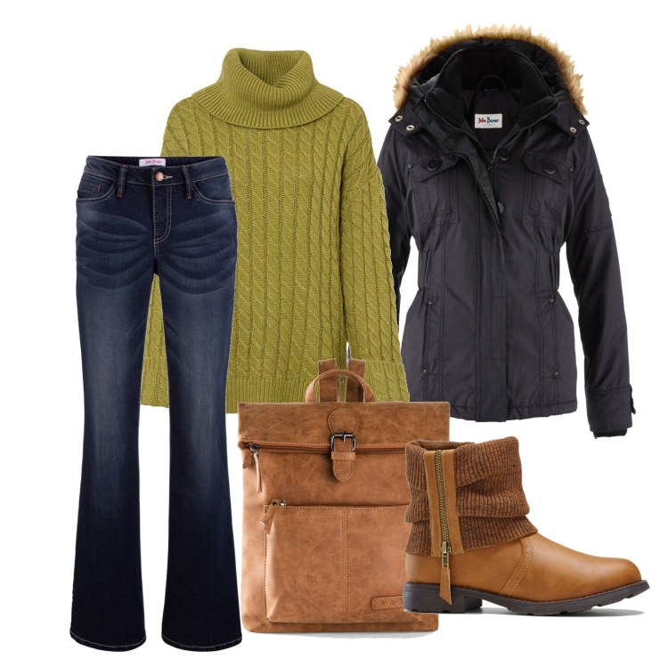 Outfit donna - Ghost outfitter - BonPrix B.F.. Stile Basic per Tutti i giorni. Abbinamento con zaini, stivaletti, maglieria, jeans bootcut, giacche.