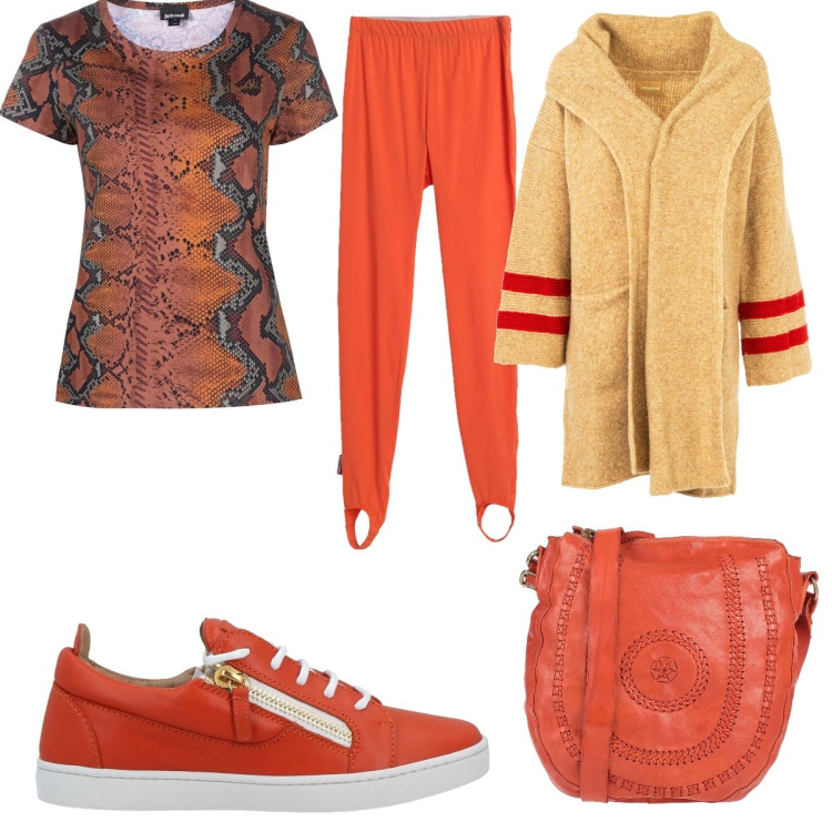Outfit donna - Borsa etnica in pelle arancione. Stile Casual per Tutti i giorni. Abbinamento con leggings, borse a tracolla, sneakers, cardigans, t-shirt.