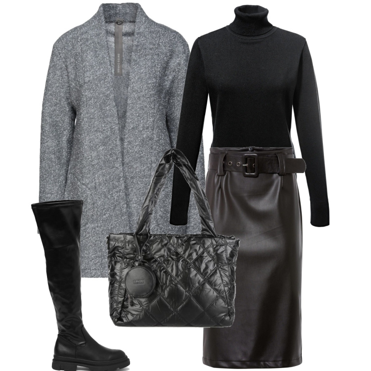 Outfit donna - Versatile. Stile Trendy per Tutti i giorni. Abbinamento con maglieria, gonne longuette, cappotti, borse a spalla, stivali.
