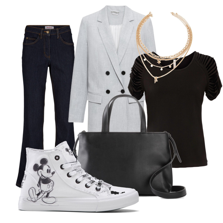 Outfit donna - Il mio stile. Stile Casual chic per Ufficio. Abbinamento con jeans bootcut, blazer, borse a mano, maglieria, sneakers alte, ciondoli.