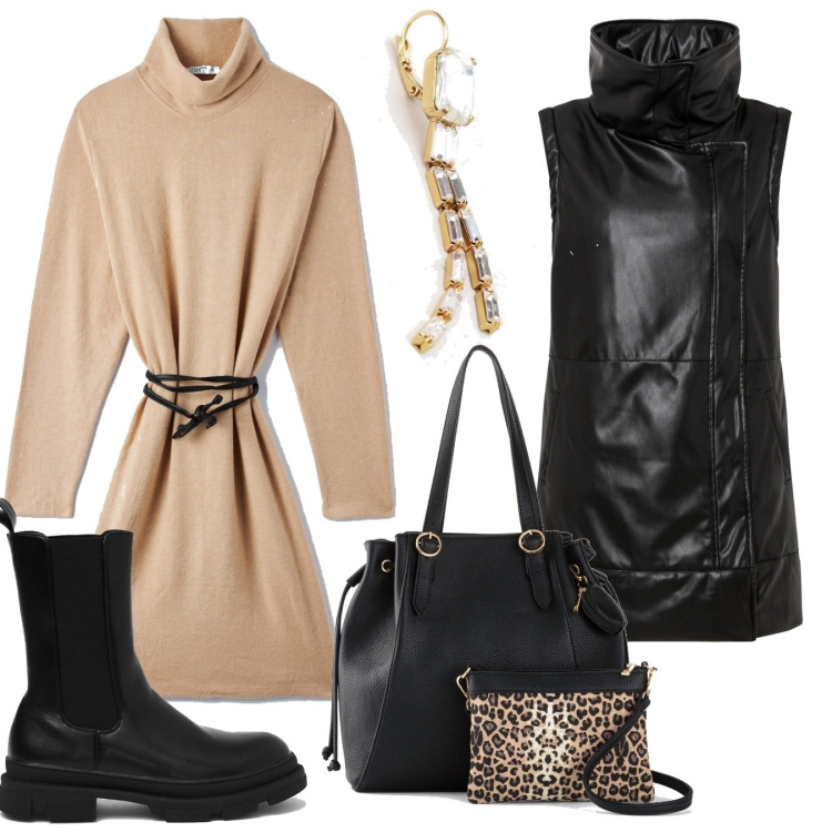 Outfit donna - Di tendenza: Il mono orecchino. Stile Trendy per Tutti i giorni. Abbinamento con blazer, shopping bag, vestiti, orecchini, stivali.