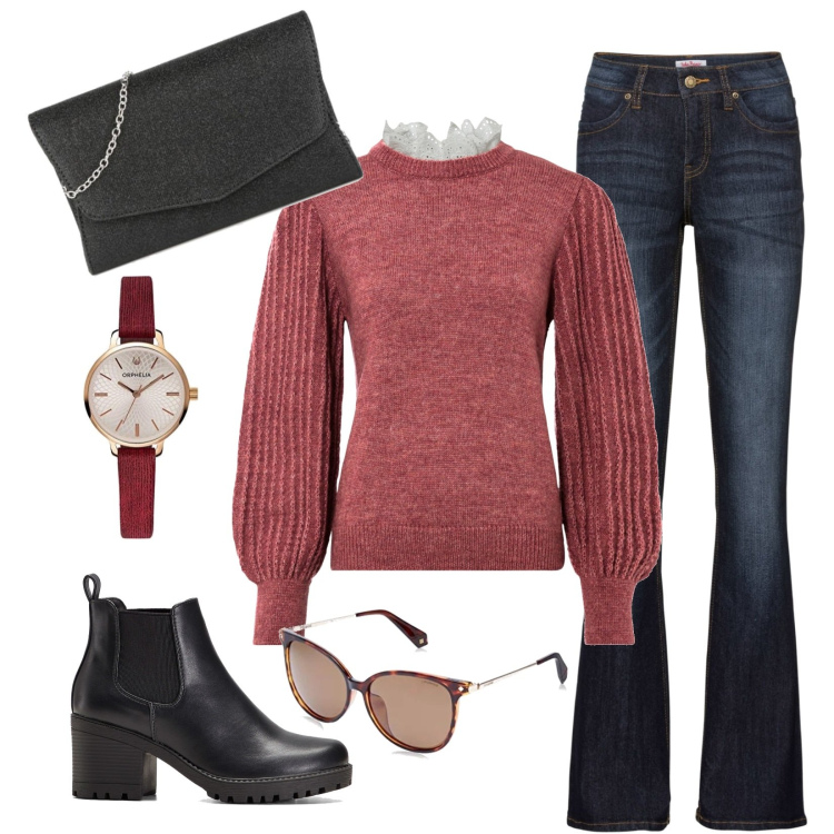 Outfit donna - Total look #1461469. Abbinamento con jeans bootcut, stivaletti chelsea, maglieria, pochette, occhiali da sole, orologi analogici.