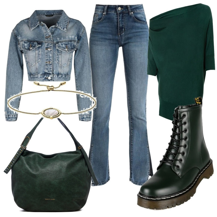 Outfit donna - Il completo di jeans. Stile Casual per Tutti i giorni. Abbinamento con blazer, anfibi, jeans a zampa, giacche, borse a spalla, braccialetti.