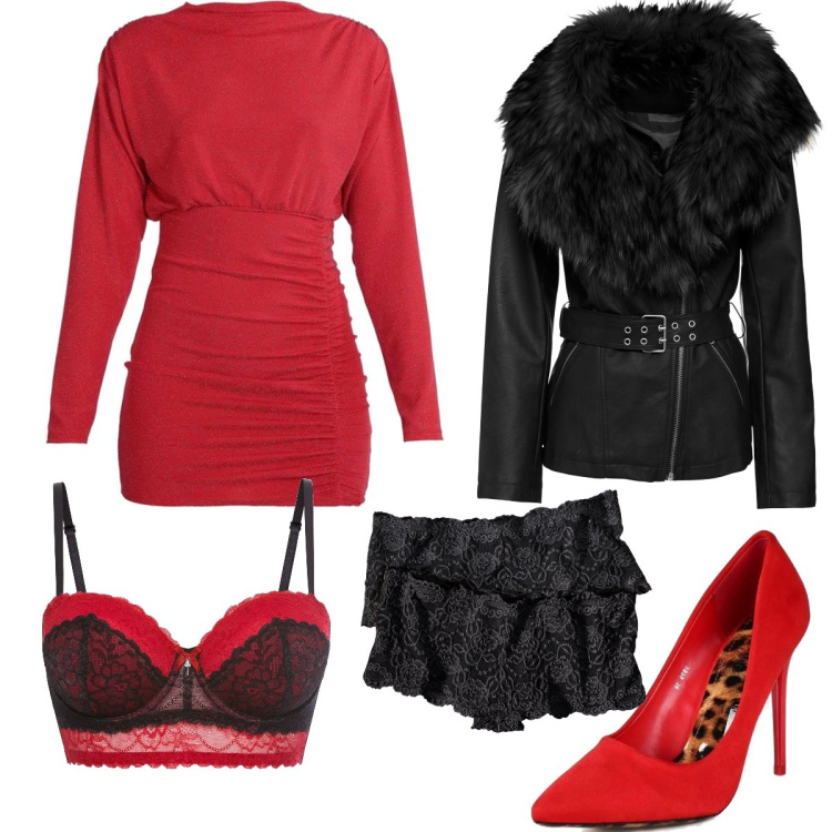 Outfit donna - Rosso e nero. Stile Sexy per Serata fuori. Abbinamento con culotte, giacche, reggiseni a balconcino, vestiti lunghi, décolleté.