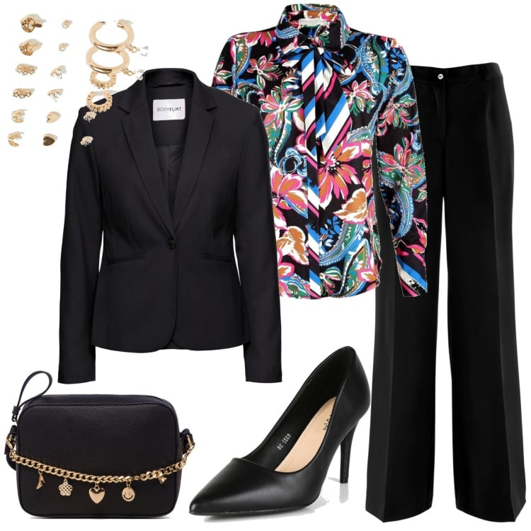 Outfit donna - In ufficio energica. Stile Chic per Ufficio. Abbinamento con blazer, pantaloni, camicie, décolleté, orecchini, borse a tracolla.