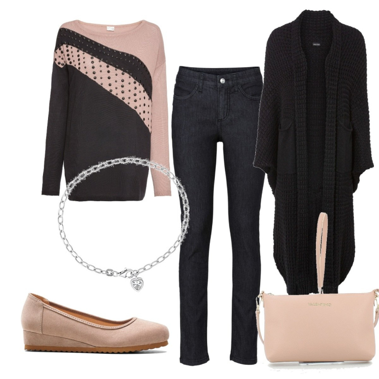 Outfit donna - Total look #1461839. Stile Casual chic per Tutti i giorni. Abbinamento con maglieria, jeans skinny, cardigans, décolleté, borse a tracolla, braccialetti con ciondoli.