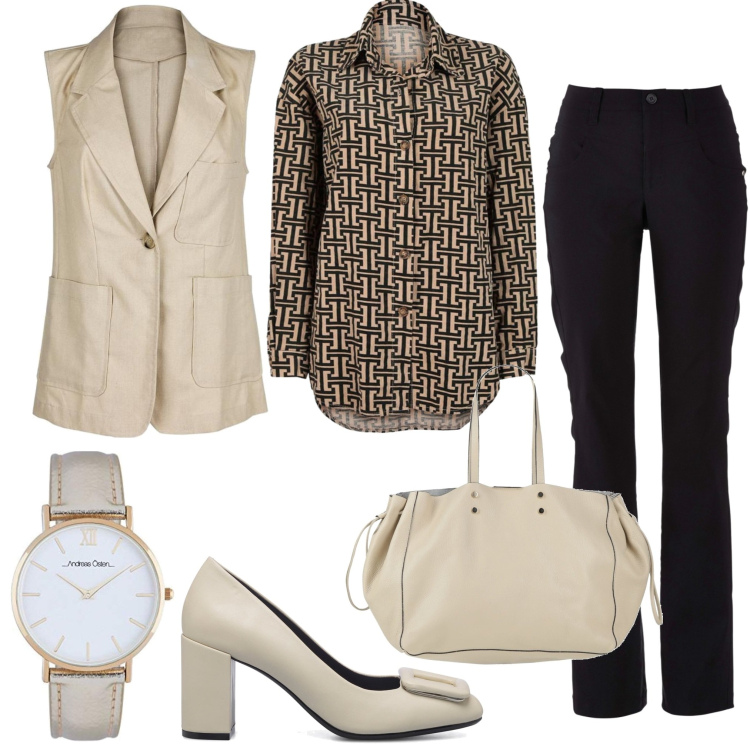 Outfit donna - Casual chic #24735. Stile Casual chic per Ufficio. Abbinamento con pantaloni, borse a mano, camicie, gilet, décolleté, orologi analogici.