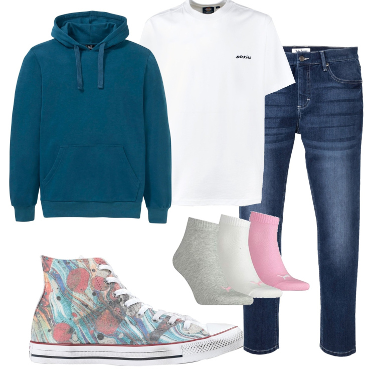 Outfit uomo - Intramontabile e particolare. Stile Casual per Tutti i giorni. Abbinamento con felpe con cappuccio, jeans slim fit, sneakers, t-shirt, calzini.