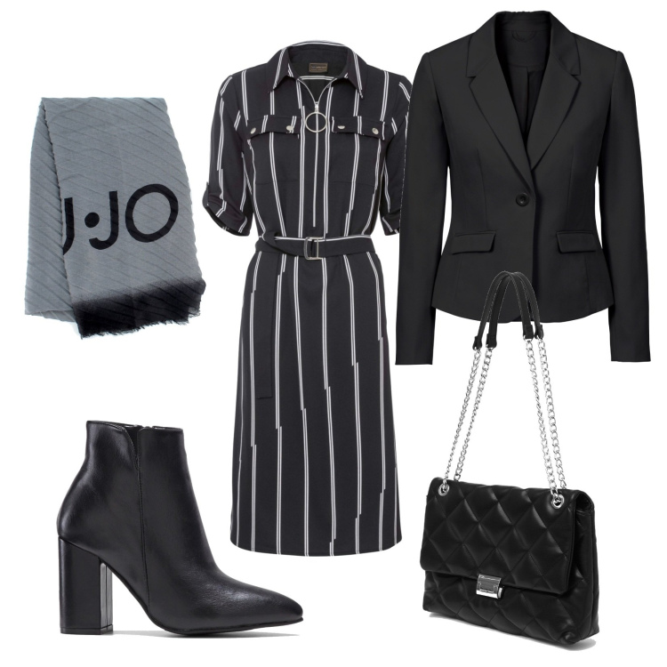 Outfit donna - Weekend tranquillo. Stile Casual per Serata fuori. Abbinamento con blazer, vestiti chemisier, stivaletti, borse a spalla, sciarpe.