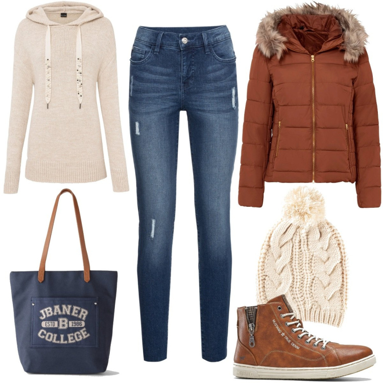 Outfit donna - Basic per i primi freddi. Stile Basic per Tutti i giorni. Abbinamento con giacche, sneakers alte, pantalone, jeans strappati, berretti, shopping bag.