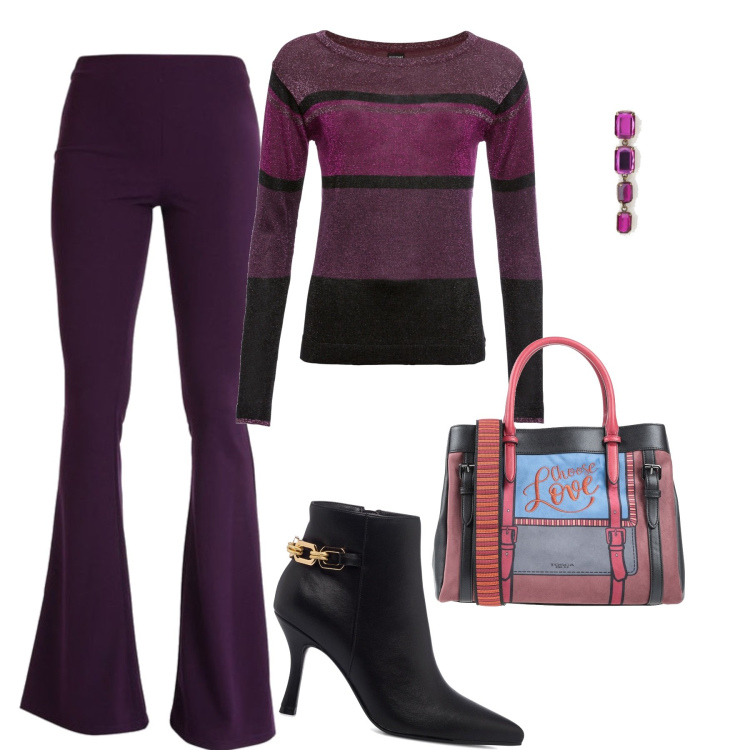 Outfit donna - Viola trendy. Stile Trendy per Tutti i giorni. Abbinamento con maglieria, borse a mano, pantaloni, orecchini, stivaletti.