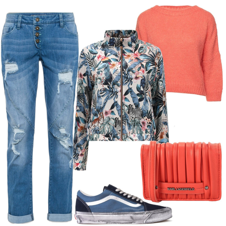 Outfit donna - Il tocco corallo. Stile Trendy per Tutti i giorni. Abbinamento con jeans boyfriend, borse a tracolla, pullovers, giacche, sneakers.