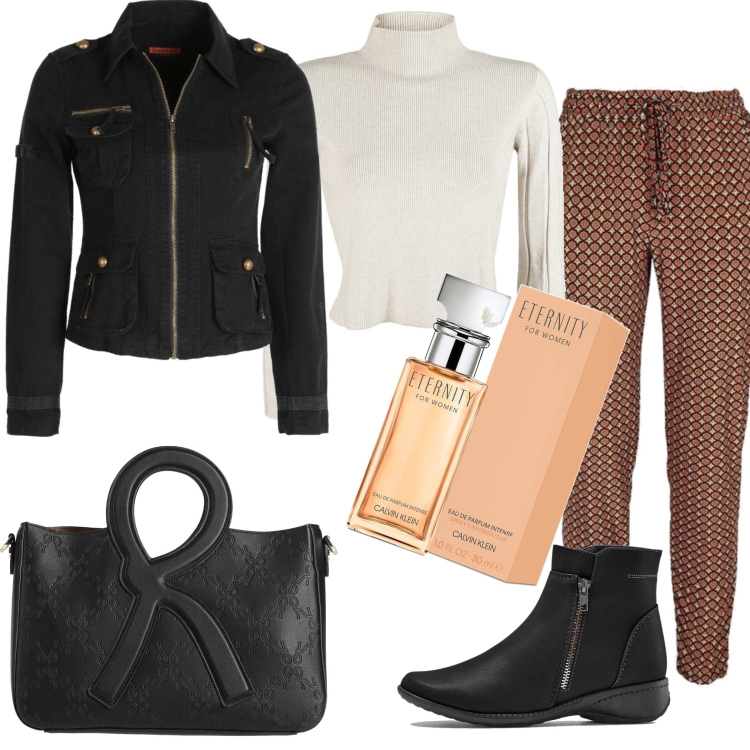 Outfit donna - Eternity. Stile Urban per Tutti i giorni. Abbinamento con stivaletti, borse a mano, blazer, pantaloni, pullovers, profumi.