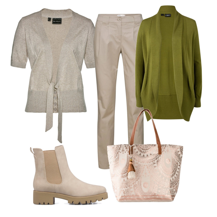 Outfit donna - Comoda in ufficio. Stile Casual per Ufficio. Abbinamento con pantaloni chino, cardigans, cardigans, shopping bag, stivaletti.