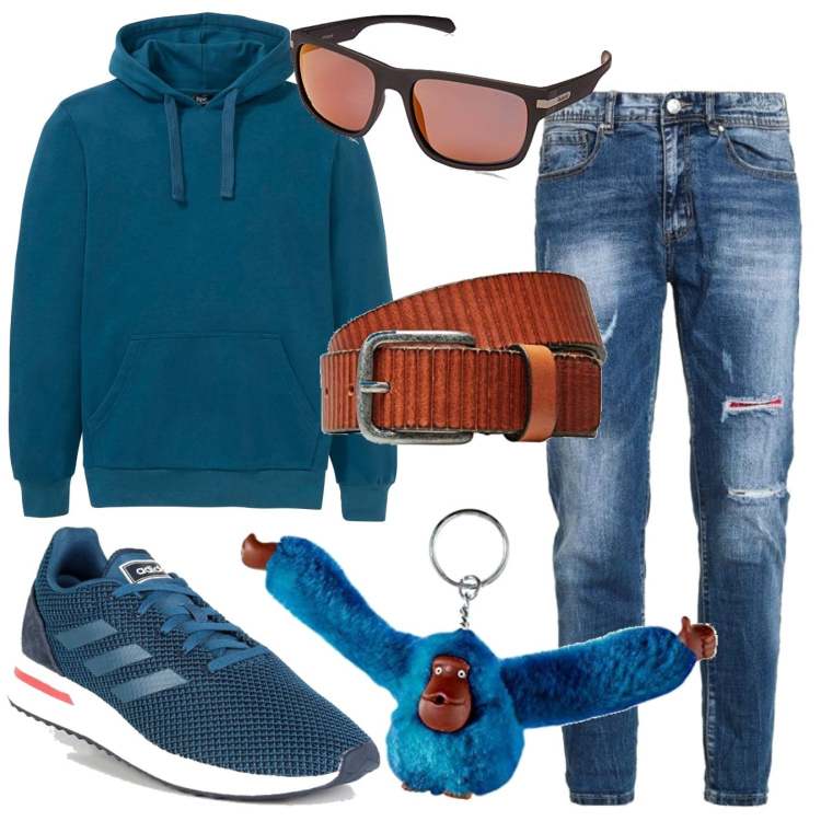Outfit uomo - Kipling Monkeyclip portachiavi. Stile Casual per Tutti i giorni. Abbinamento con felpe con cappuccio, jeans strappati, sneakers, portachiavi, cinture, occhiali da sole.