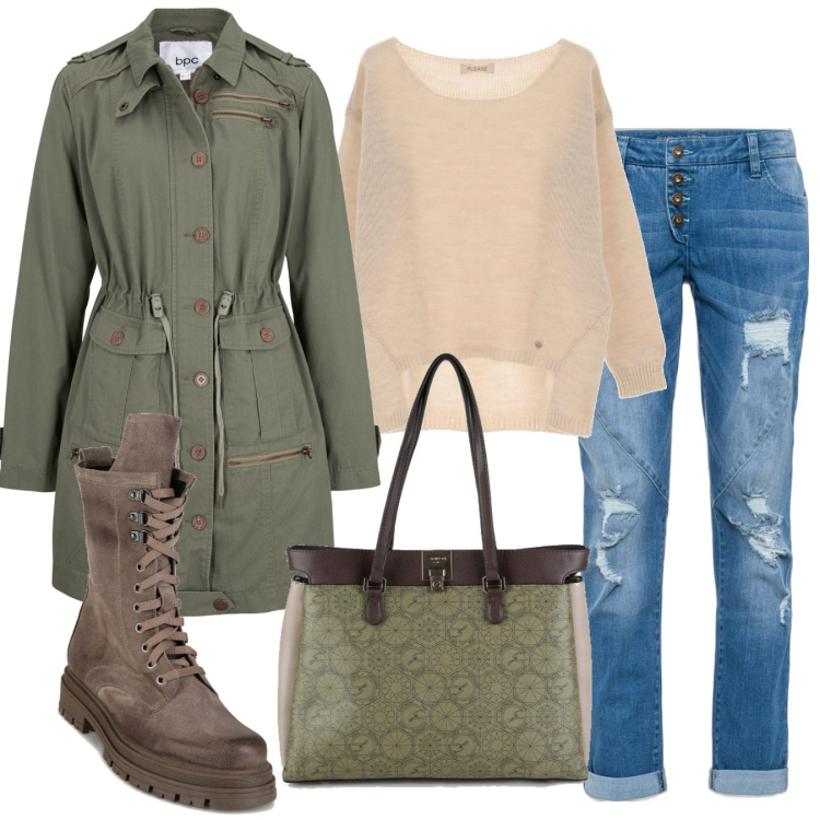 Outfit donna - Weekend in campagna. Stile Casual per Tutti i giorni. Abbinamento con jeans boyfriend, parka, maglieria, borse a spalla, anfibi.