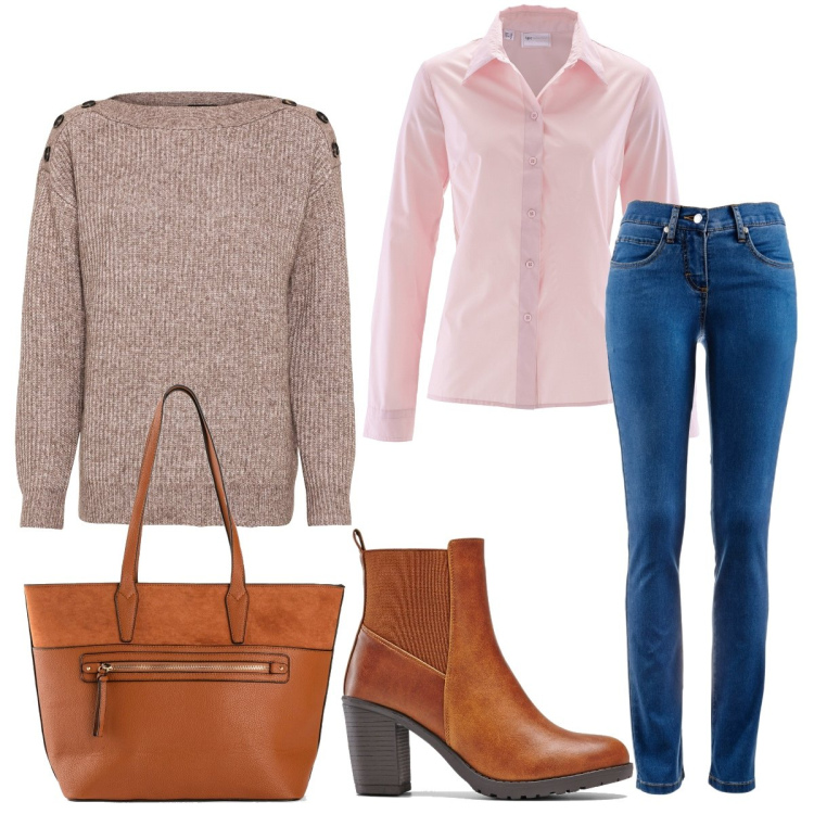Outfit donna - Il maglione con i bottoncini. Stile Casual per Ufficio. Abbinamento con maglieria, jeans dritti, camicie, stivaletti, shopping bag.