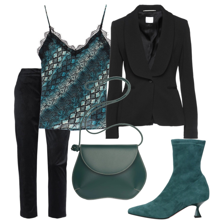 Outfit donna - Green chic. Stile Chic per Serata fuori. Abbinamento con top, blazer, stivaletti, pantaloni, borse a spalla.