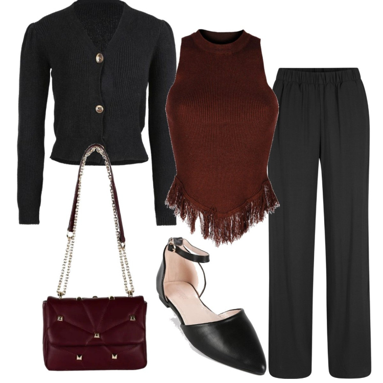 Outfit donna - Il top con le frange. Stile Bon Ton per Serata fuori. Abbinamento con pantaloni, top, cardigans, décolleté, borse a mano.