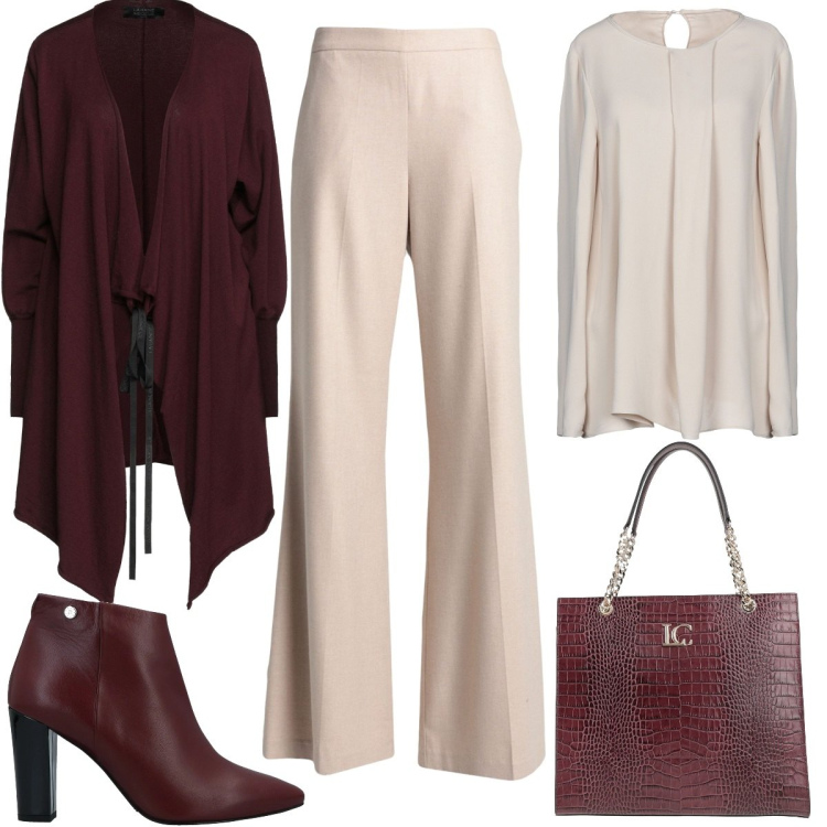 Outfit donna - Chic In Beige e Bordeaux. Stile Chic per Serata fuori. Abbinamento con stivaletti, pantaloni, cardigans, bluse, borse a mano.
