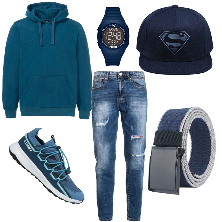 Outfit uomo - Pomeriggio con gli amici. Stile Trendy per Tutti i giorni. Abbinamento con felpe con cappuccio, sneakers, jeans strappati, cinture, berretti, orologi digitali.