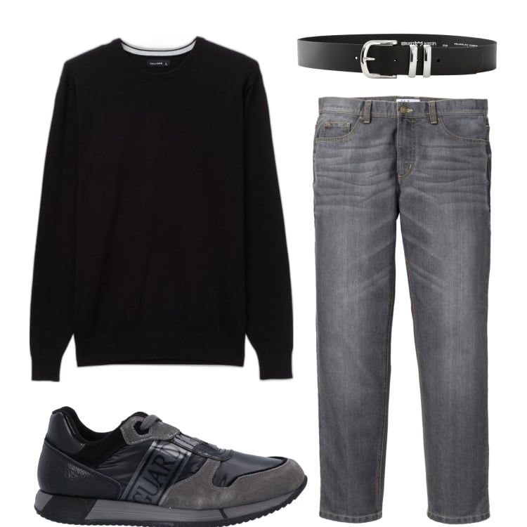 Outfit uomo - Basic. Stile Casual per Tutti i giorni. Abbinamento con jeans dritti, cinture, sneakers, maglieria.