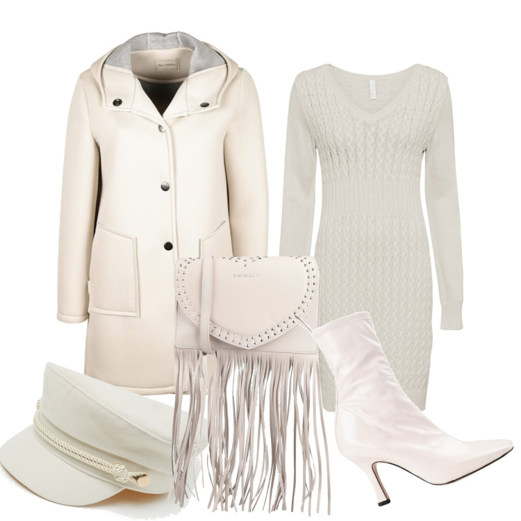 Outfit donna - Ghost outfitter - winter total white. Stile Casual chic per Tutti i giorni. Abbinamento con vestiti, stivaletti, borse a tracolla, cappotti, cappelli con visiera.