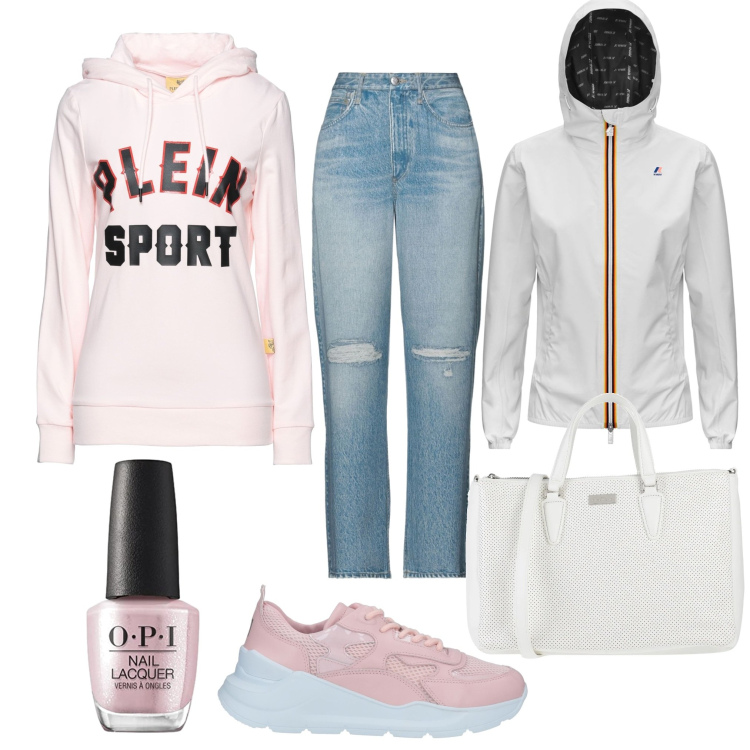 Outfit donna - Casual chic. Stile Casual chic per Tutti i giorni. Abbinamento con felpe con cappuccio, sneakers, borse a mano, jeans dritti, giacche, smalti.