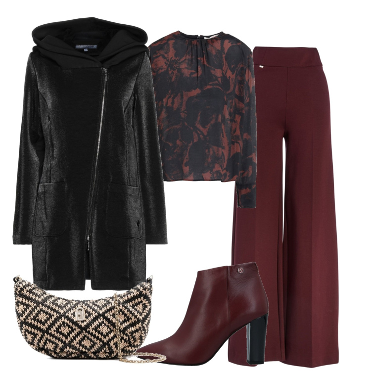 Outfit donna - Serata. Stile Casual chic per Serata fuori. Abbinamento con stivaletti, cappotti, bluse, pantaloni, borse a tracolla.