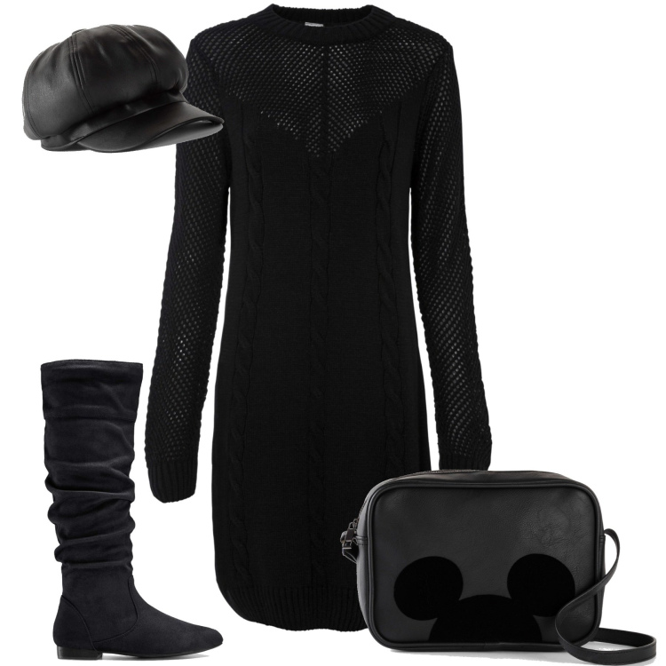 Outfit donna - BonPrix Black Friday 2022. Stile Trendy per Serata fuori. Abbinamento con stivali, vestiti, borse a tracolla, cappelli con visiera.