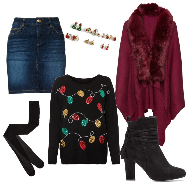 Outfit donna - Christmas is coming. Stile Casual per Tutti i giorni. Abbinamento con gonne, maglieria, cappotti, stivaletti, orecchini, collant.