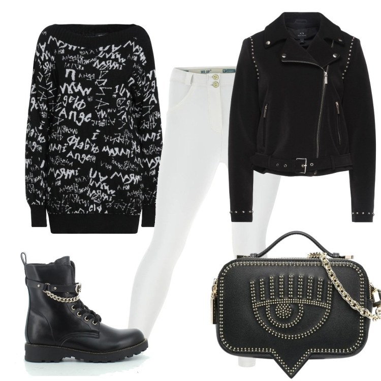 Outfit donna - La giacca Armani. Stile Rock per Tutti i giorni. Abbinamento con pullovers, giacche, borse a mano, pantaloni skinny, anfibi.