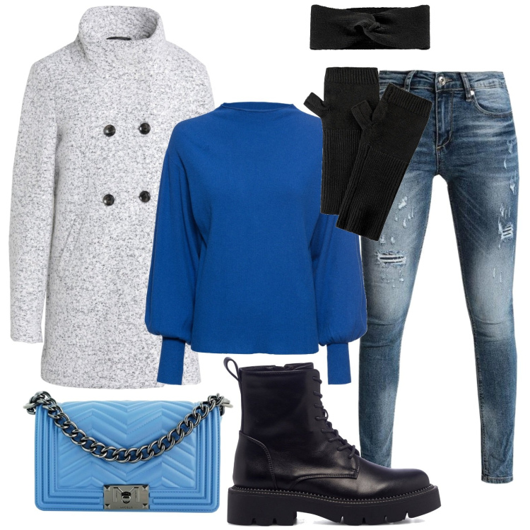 Outfit donna - Anfibi con mini borchie. Stile Basic per Tutti i giorni. Abbinamento con maglieria, guanti, cappotti, jeans strappati, borse a tracolla, anfibi.