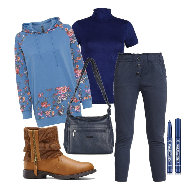 Outfit donna - Una felpa a fiori. Stile Urban per Tutti i giorni. Abbinamento con stivaletti, felpe con cappuccio, pantaloni, borse a tracolla, t-shirt, ombretti.