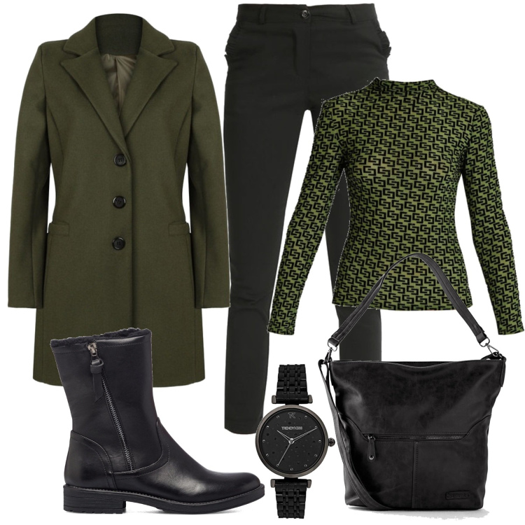 Outfit donna - Stile libero. Stile Casual chic per Tutti i giorni. Abbinamento con borse a tracolla, cappotti, t-shirt, pantaloni, stivaletti, orologi.