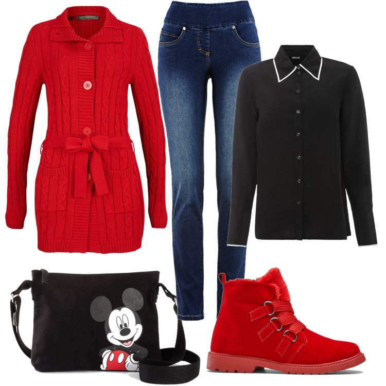 Outfit donna - Vivace a scuola. Stile Casual chic per Scuola/Università. Abbinamento con jeans slim fit, cardigans, stivaletti, camicie, borse a tracolla.
