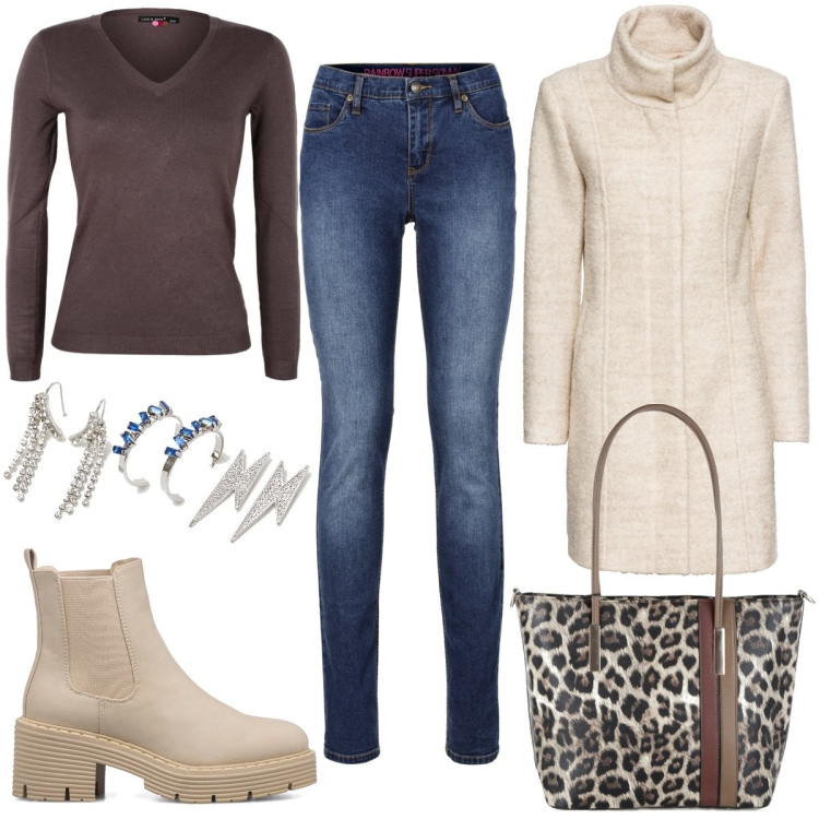 Outfit donna - Cappottino e stivaletti in Beige. Stile Basic per Tutti i giorni. Abbinamento con cappotti, jeans skinny, borse a spalla, pullovers, orecchini, stivaletti.