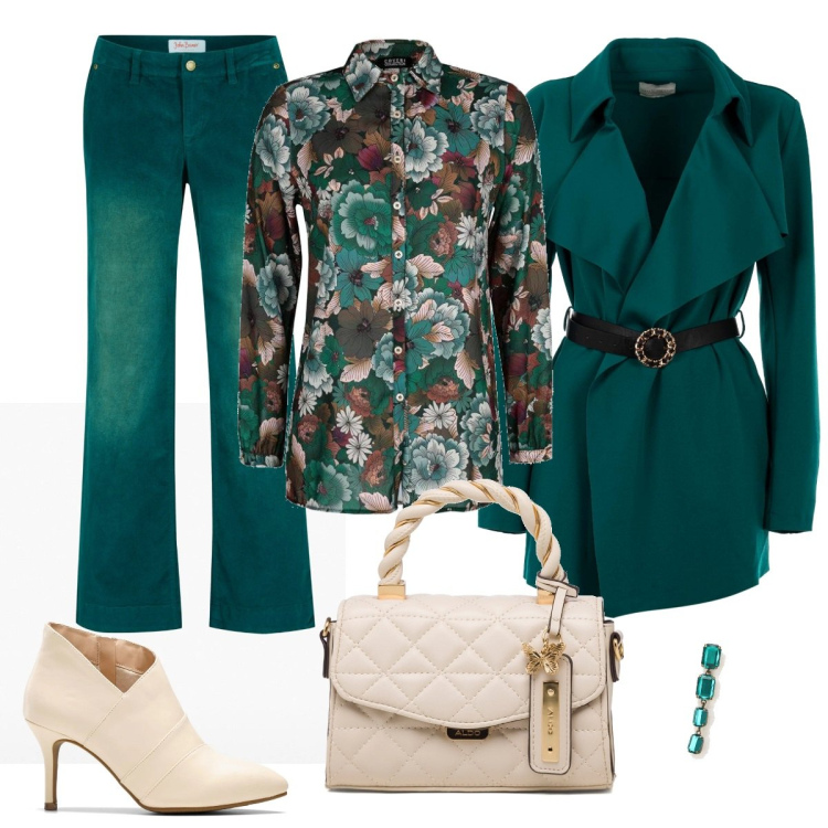 Outfit donna - Il verde. Stile Casual chic per Ufficio. Abbinamento con pantaloni, stivaletti, camicie, blazer, orecchini, borse a mano.