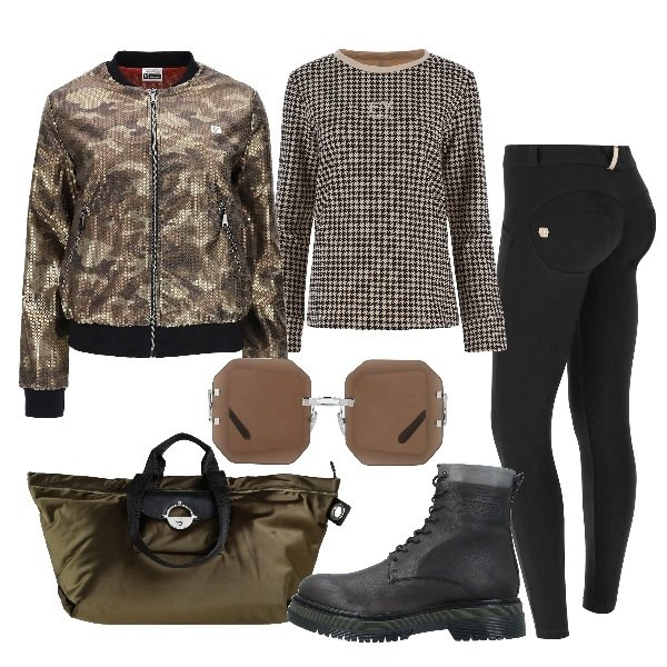 Outfit donna - Freddy - Black Friday 2022. Stile Trendy per Tutti i giorni. Abbinamento con stivaletti, borse a spalla, occhiali da sole, pantaloni skinny, felpe, bomber.