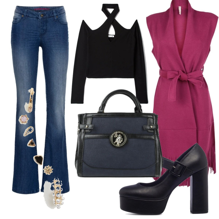 Outfit donna - Boho #3492. Stile Boho per Tutti i giorni. Abbinamento con jeans bootcut, borse a mano, t-shirt, gilet, orecchini, décolleté.