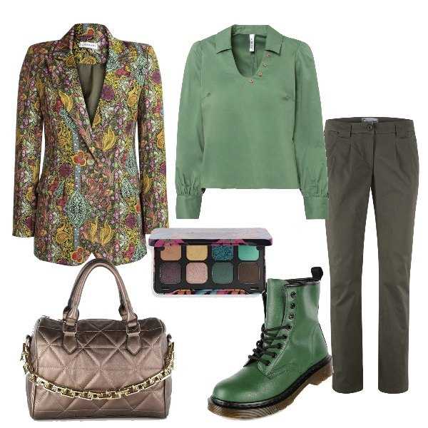 Outfit donna - Trendy con gli anfibi verdi. Stile Trendy per Tutti i giorni. Abbinamento con pantaloni chino, bluse, blazer, anfibi, borse a mano, ombretti.