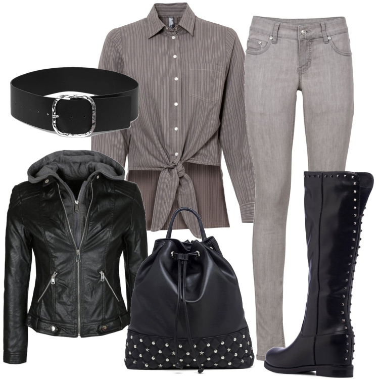 Outfit donna - Camicia asimmetrica e jeans skinny. Stile Rock per Tutti i giorni. Abbinamento con jeans skinny, camicie, giacche, cinture, stivali, zaini.