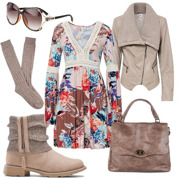 Outfit donna - Romantico boho. Stile Boho per Tutti i giorni. Abbinamento con stivaletti, occhiali da sole, giacche, vestiti, borse a mano, calzini.