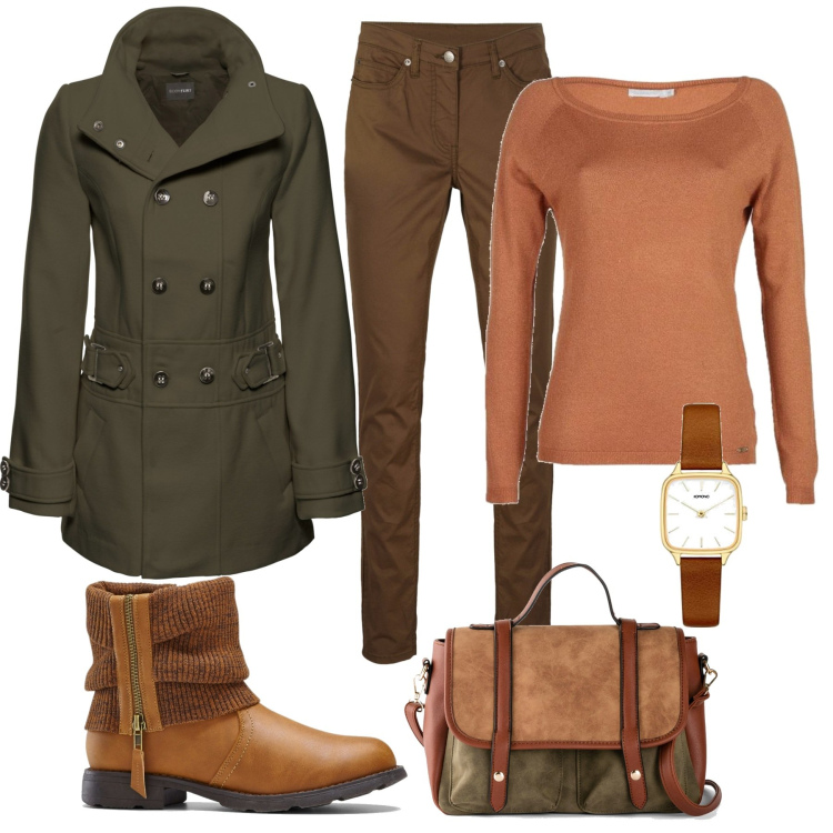 Outfit donna - Sfumature autunnali in piena stagione. Stile Casual chic per Tutti i giorni. Abbinamento con stivaletti, cappotti, pantaloni, borse a mano, pullovers, orologi analogici.